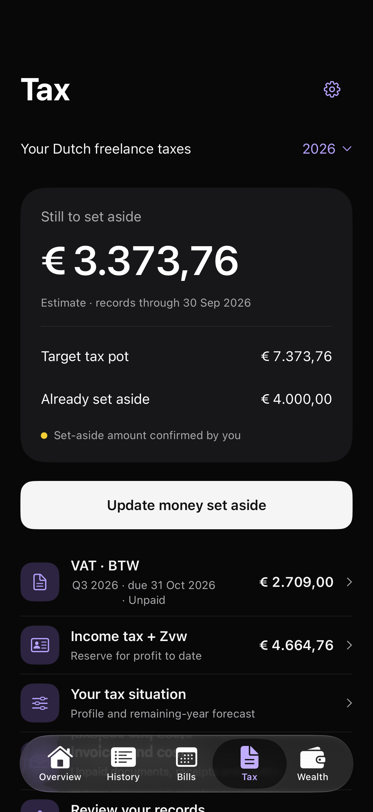 Freely Tax showing example Dutch tax estimates and reserves.