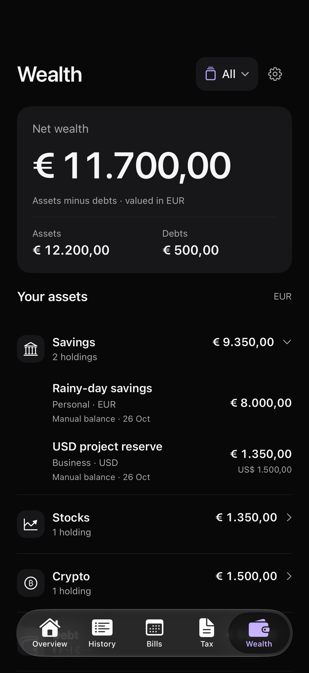 Freely Wealth showing example assets, debts and net wealth.